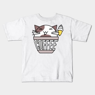 Cat in coffee cup with warped text holding ice cream white and brown Kids T-Shirt